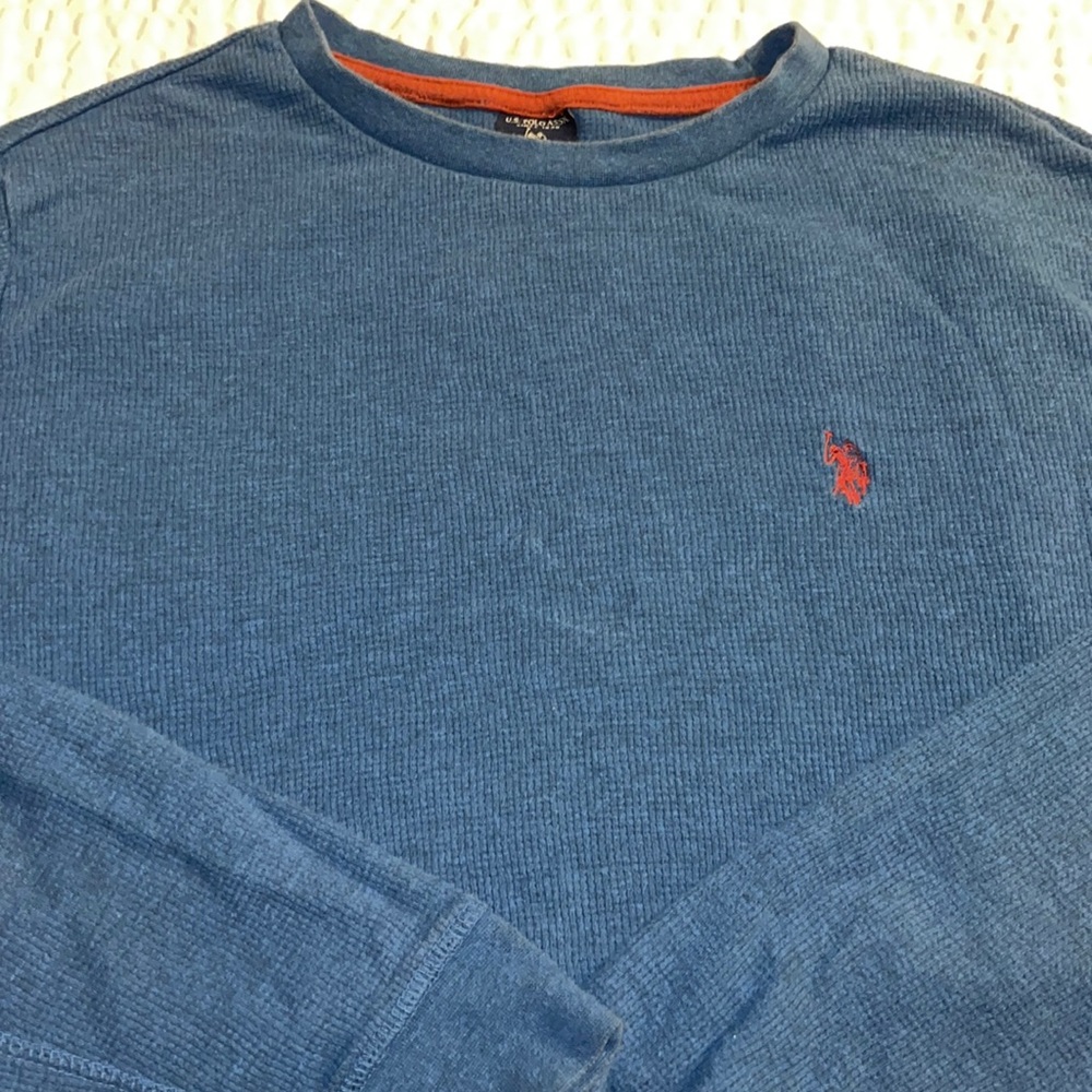US Polo Assn Blue Long Sleeve Shirt Red Logo Pullover Casual Waffle Top Size S